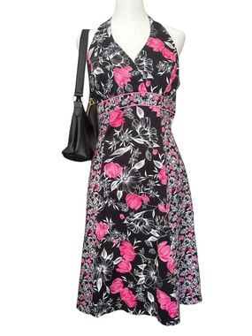 Y2K Ombre Brand Floral Halter Dress in Pink and Black Size 13/14